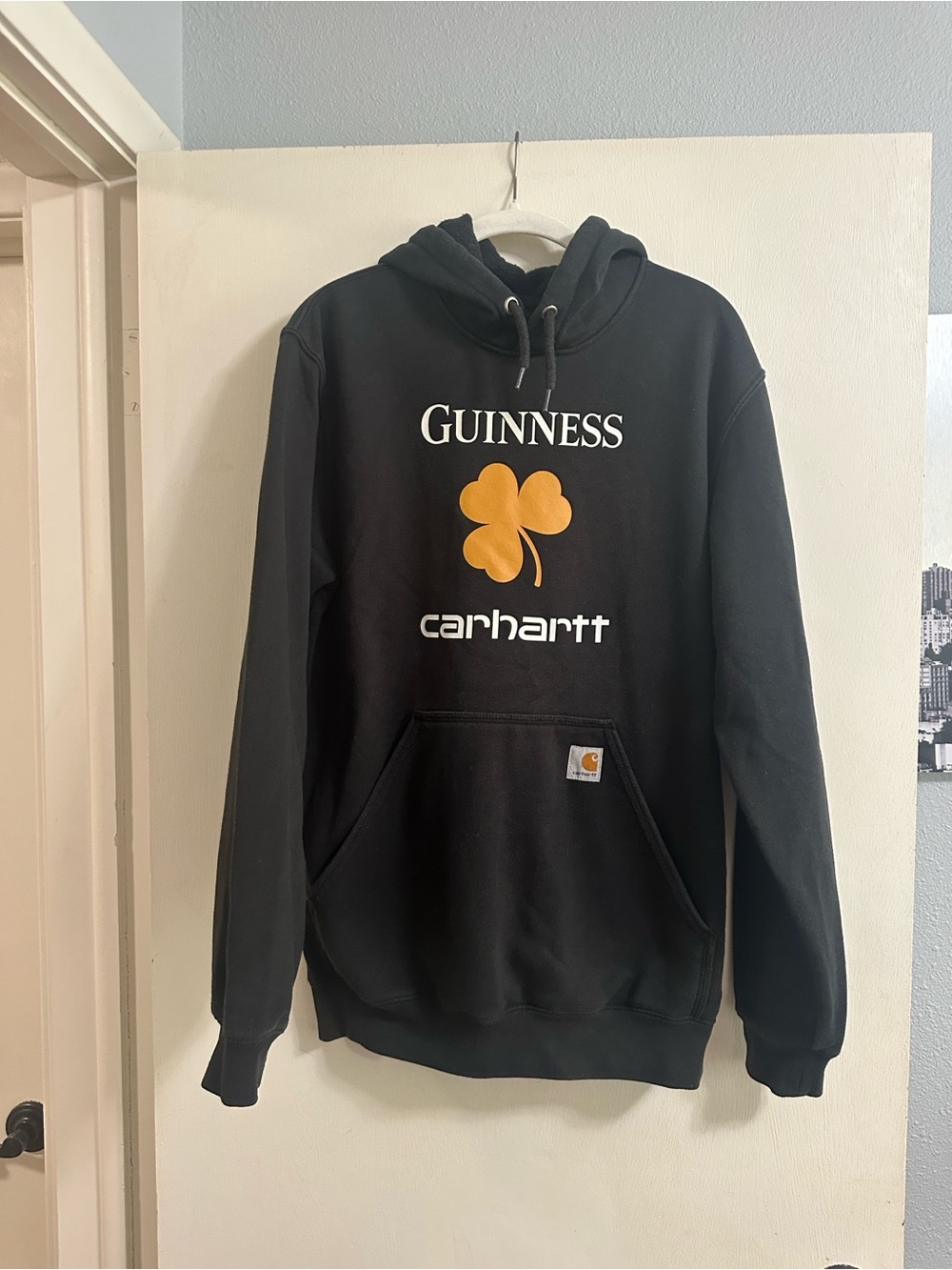 Carhartt Black Hoodie with Gold Shamrock and Guinness Logo